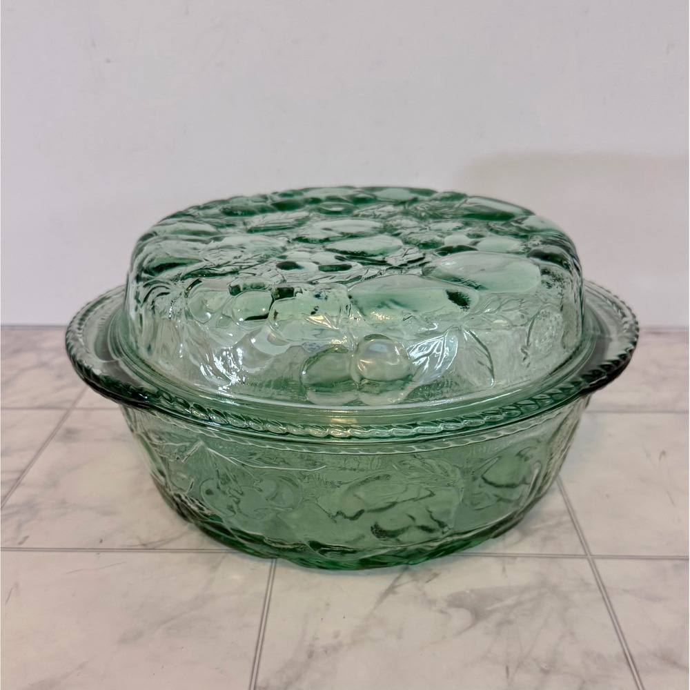 Vintage Green Glass Fruit Embossed Round Casserole Serving Dish with Lid 11in